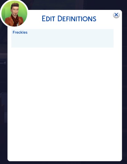 MC Dresser 'Edit Definitions' screen with 'Freckles' as an option.