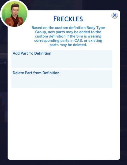 MC Dresser Screen. They've clicked the 'Freckles' option and now have an option to add or delete from the custom definition.