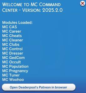 Welcome notice when you open the sims game with MCCC active