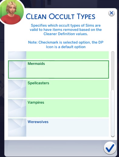 Image of MC Cleaner, where you choose which Occult Types it should apply to